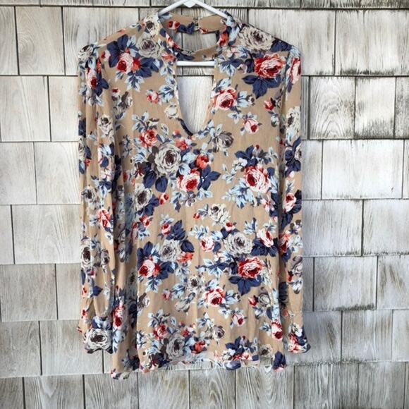Altar’d State Long Sleeved Floral Blouse Tan Blue Red Women's Small - Picture 1 of 7